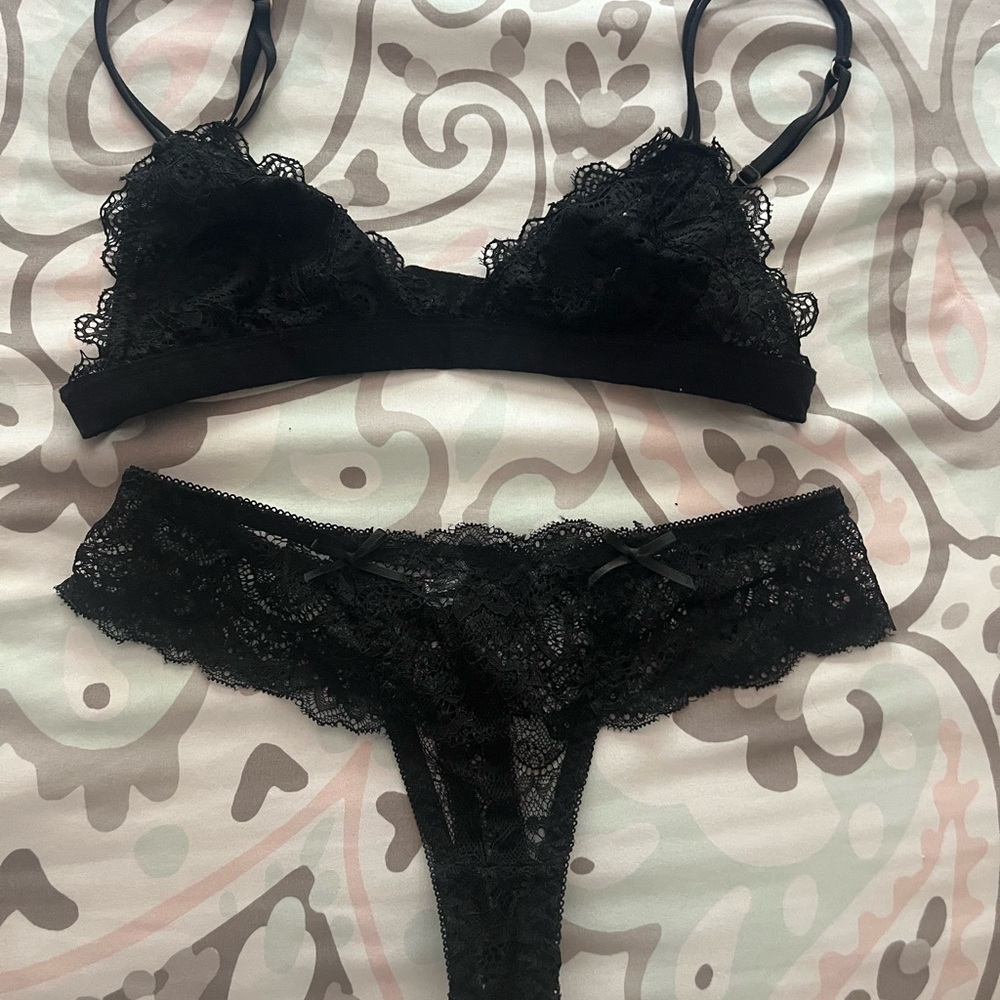 Black lace bra and thong set
